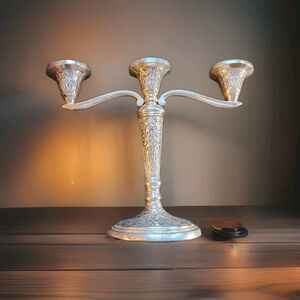 Silver-Plated 3-Arm Candelabra Candle Vintage India (1960-1980) Lacquered- 8-9"